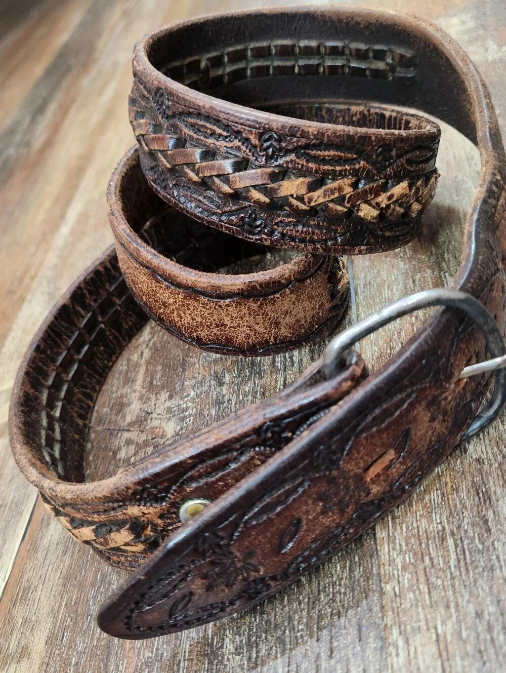 Vintage Distressed Tooled Leather Cowboy Belt Braided Inlay Size 42